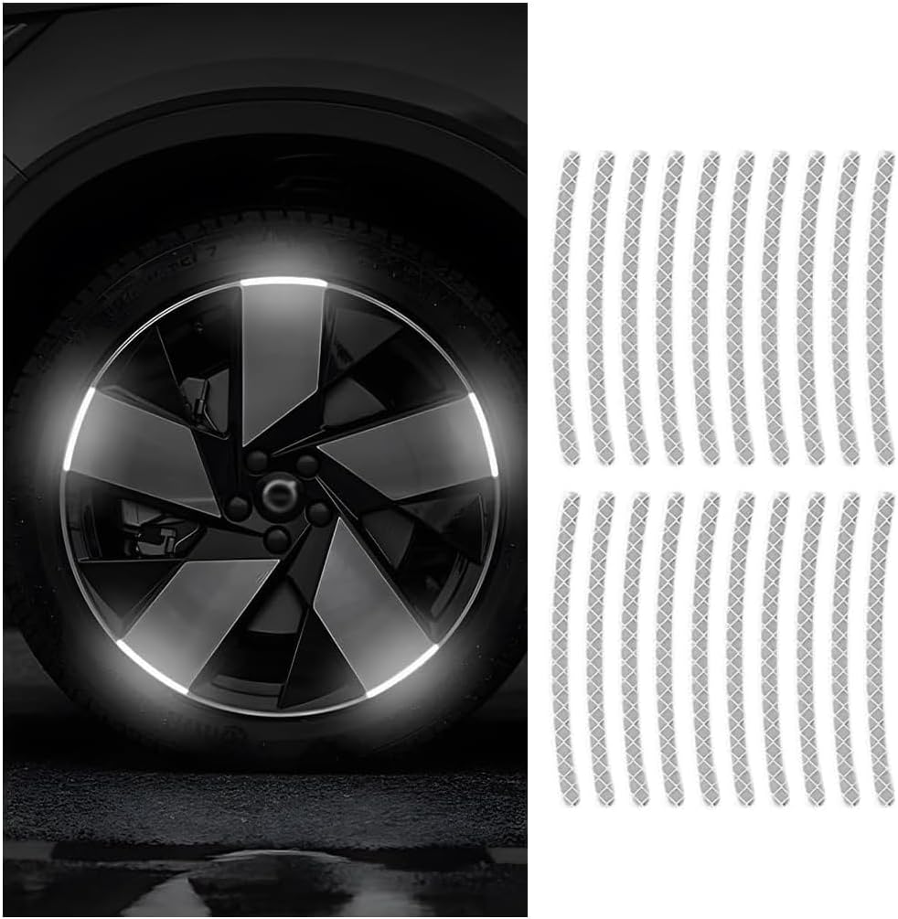 zipelo20PCS Reflective Car Wheel Decorative Stripe Stickers, Anti Scratch Vehicle Night Safety Warning Tape Decal, Automotive Exterior Tire Rims Sticker Accessories, Universal Fit (White)