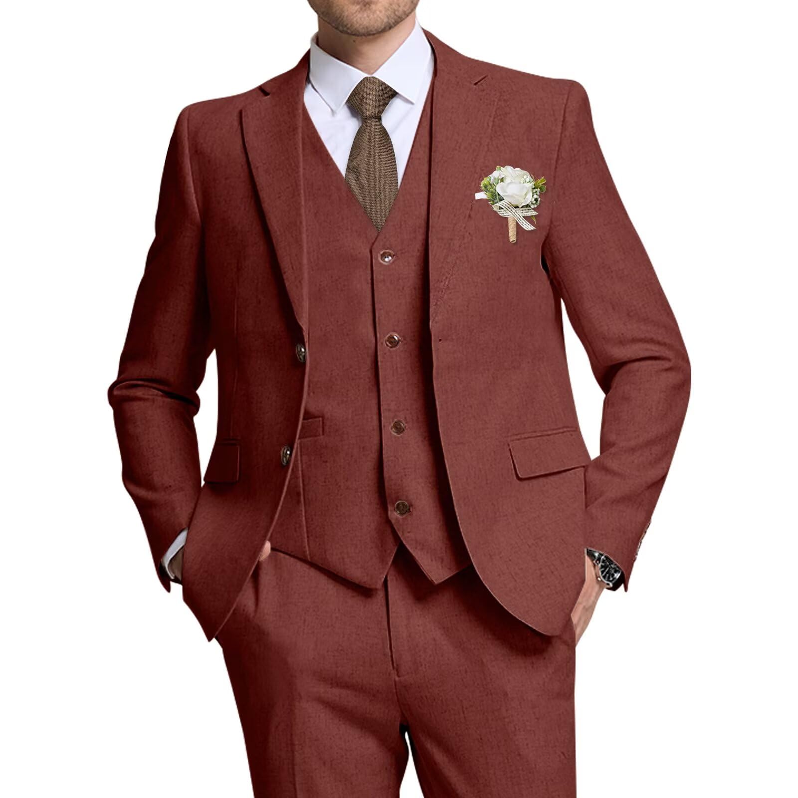 High-End Suits Retro Linen Suit for Men Casual Wedding Suit for Men Slim Fit 3 Pieces Jacket Blazer Vest Pant Groom Tuxedo