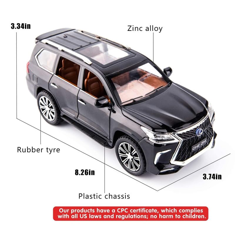 Image of Kids Model 1:24 Lx570 Die Cast Metal Car Pull Back Action Opening Doors with Realistic Engine Sound Lights Toy Car Gift for Boys - Black