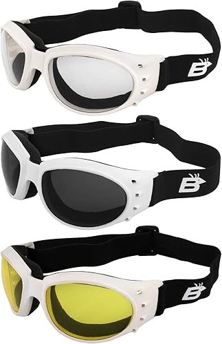 Birdz Eyewear Eagle Motorcycle Skydiving Padded Goggles White Vented Frames Bundle of Clear & Smoke or Clear Smok Yellow Anti-Fog Lenses