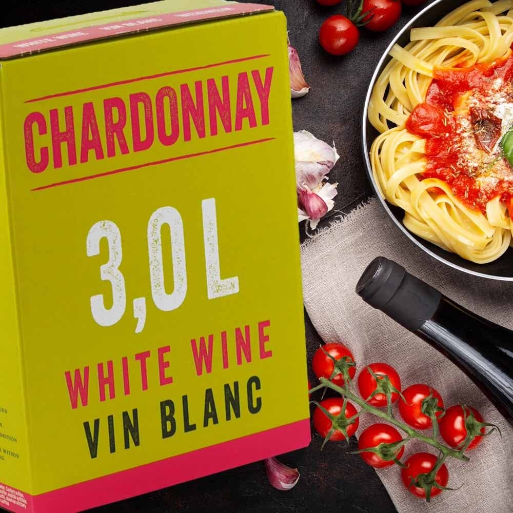 Neon Chardonnay, trocken, Bag-in-Box, sortenreines Weinpaket + VINOX Winecards (4x3,0l)
