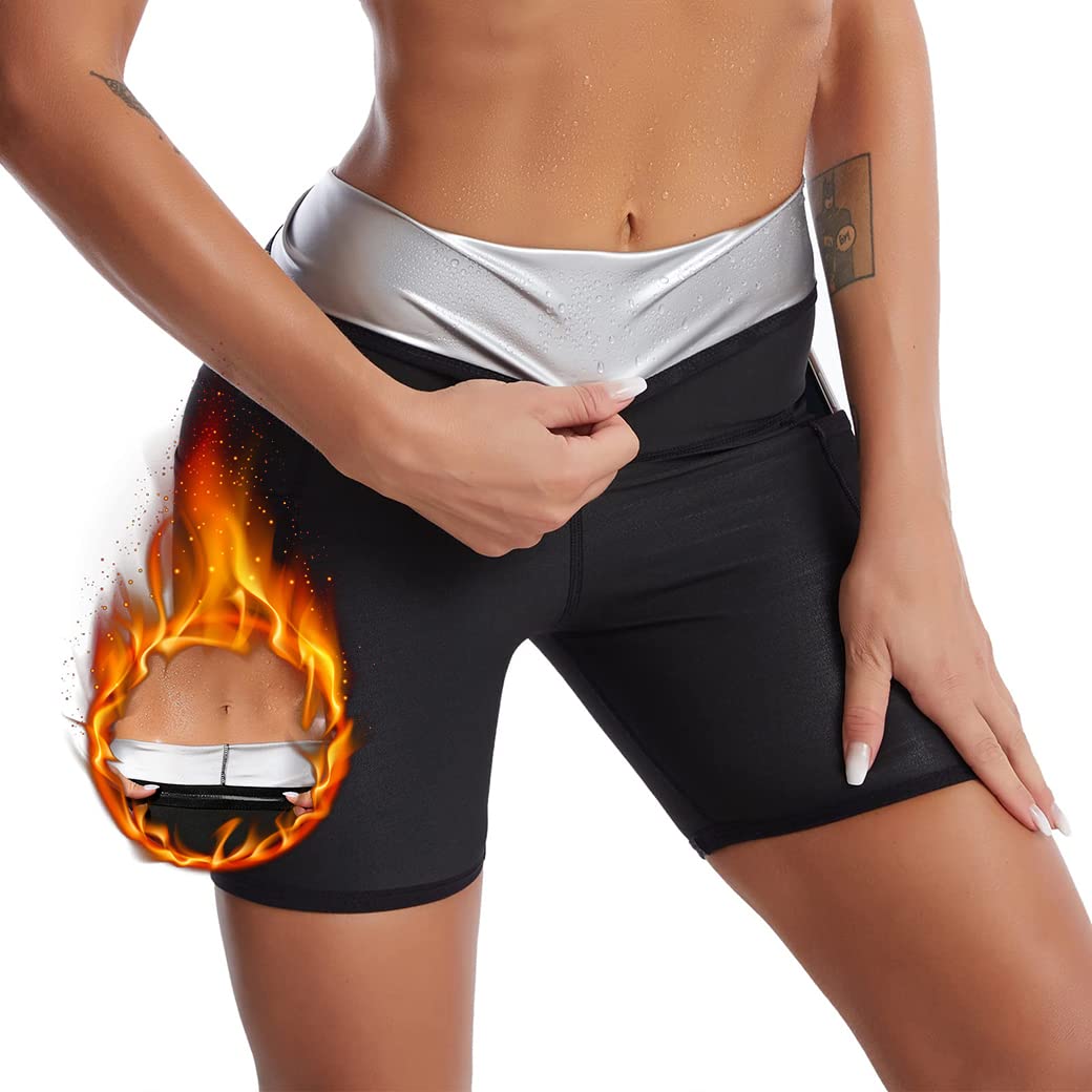 Lipiodol Women's Black Sauna Sweat Shapewear High Waist Shorts For Weight Loss Trousers Waist Trainer Shapewear Slimming Leggings Body Shaper Workout Yoga Pants