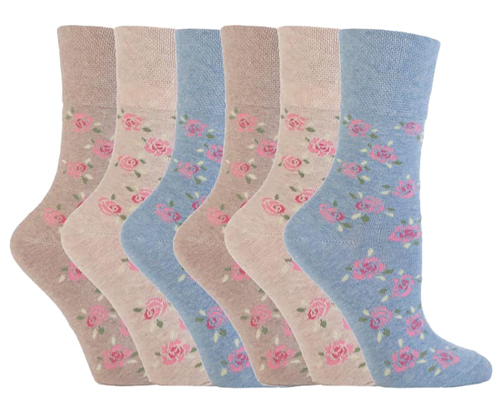 Get Top Marketing Women's Beige-Blue Floral Non Elastic, Gentle Grip, Diabetic Socks, Various Designs/Colours, Uk Size 4-8 (6 Pair Pack, )