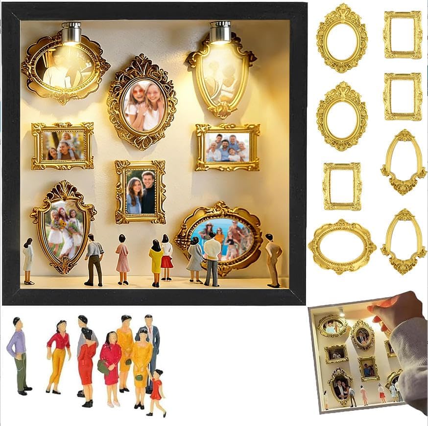 DIY Mini Museum Silhouette Box, Mini Photo Frames with Lights, Shadow Box Frame with Golded Minis Frames and Figurines People, for Anniversary Wedding BirthdayHome Decor,Birthday Gift for Women Man