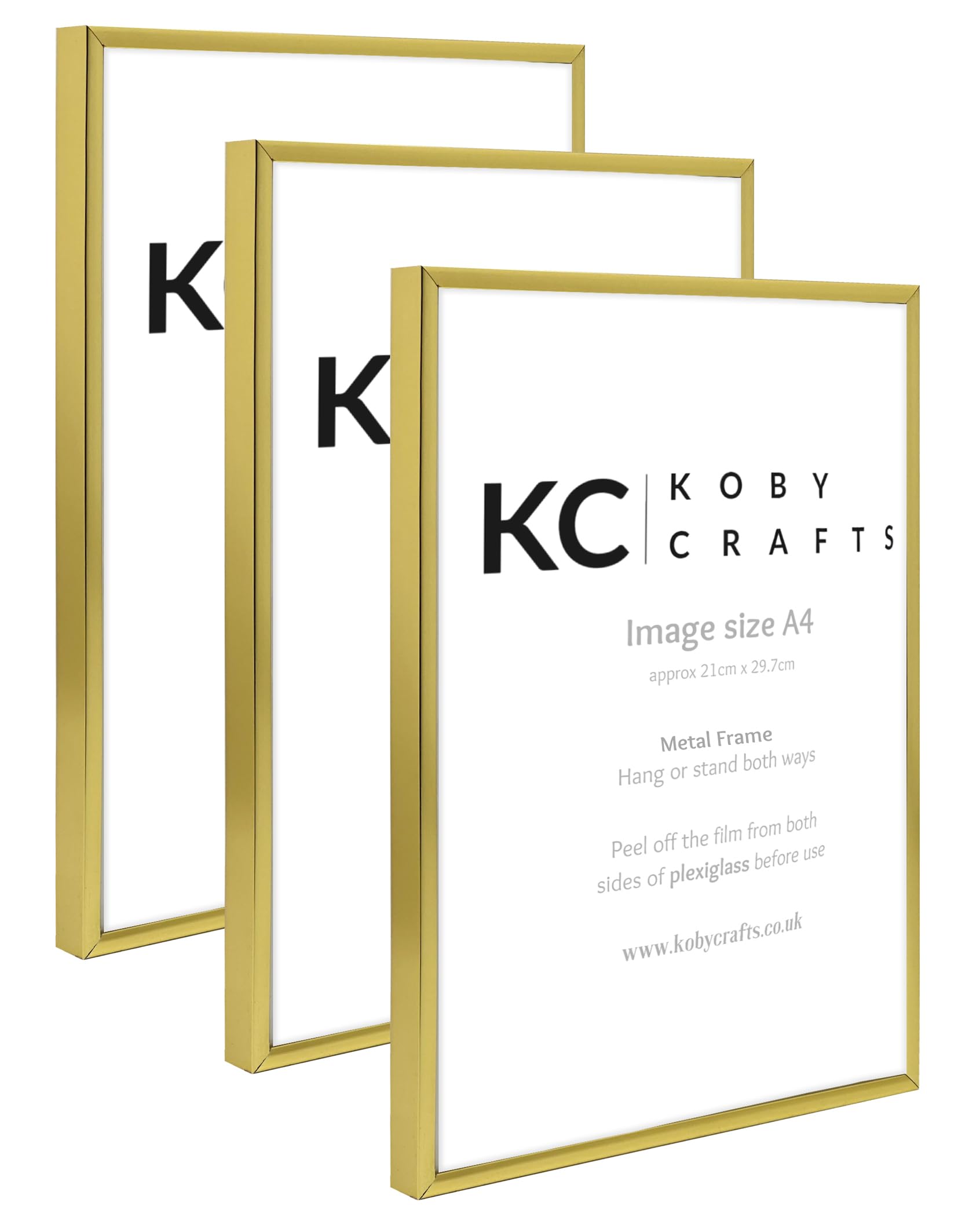 Koby Crafts Gold Metal Pack Of 3 Gold Picture Frames - 21X29.7cm | 3 Pack Aluminium Metal Frames | Tabletop Or Wall Mount, Free Stand Or Hang Portrait/Landscape