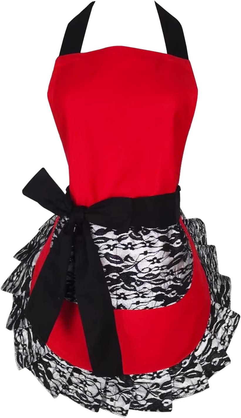 Black Lace Flirty Apron with Pocket, Fun Retro Sexy Cooking Pinup Aprons for Women Girls