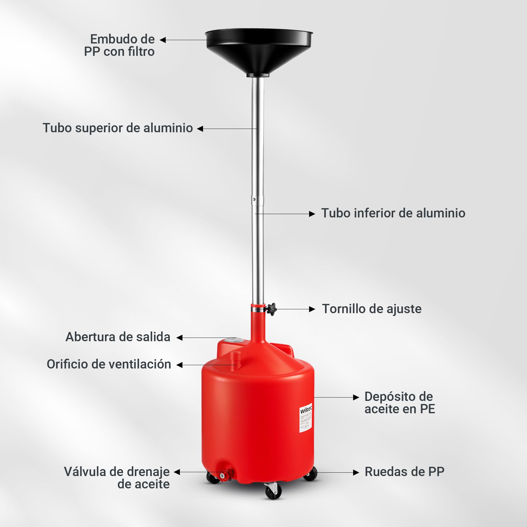WilTec Recogedor de Aceite 75 l Altura Ajustable 140-185 cm Embudo Amplio 410 mm Resistente con Ruedas y Asas práctico para Cambio de Aceite en Coches y Motos