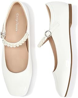 CosyFever Women's Pearl Strap Mary Jane Flats, Square Toe Dressy Ballet Flats, Elegant Comfortable