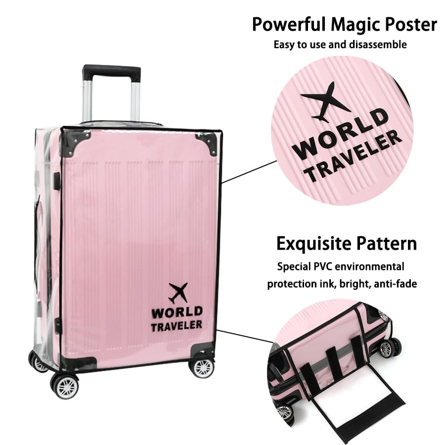 Luggage Cover Set with Travel Straps & 8 Pcs Anti-Noise Silicone Wheel Covers, Waterproof Clear PVC Suitcase Protector for 28 Inch3