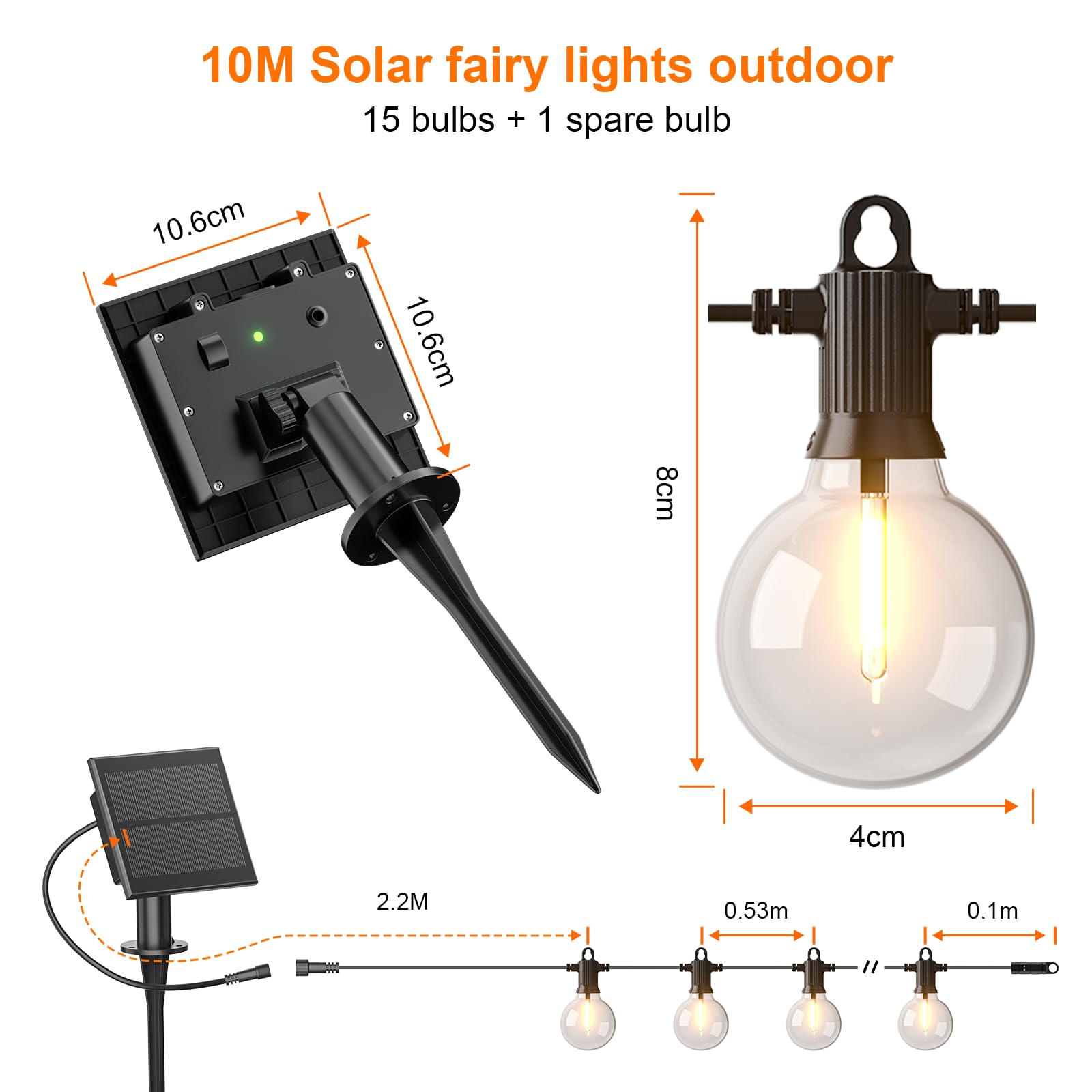 Kawaya Guirlande lumineuse solaire d'extérieur avec charge USB, étanche, 10 m, 15 + 1 ampoules incassables pour jardin, tonnelle, pergola, terrasse, balcon festif