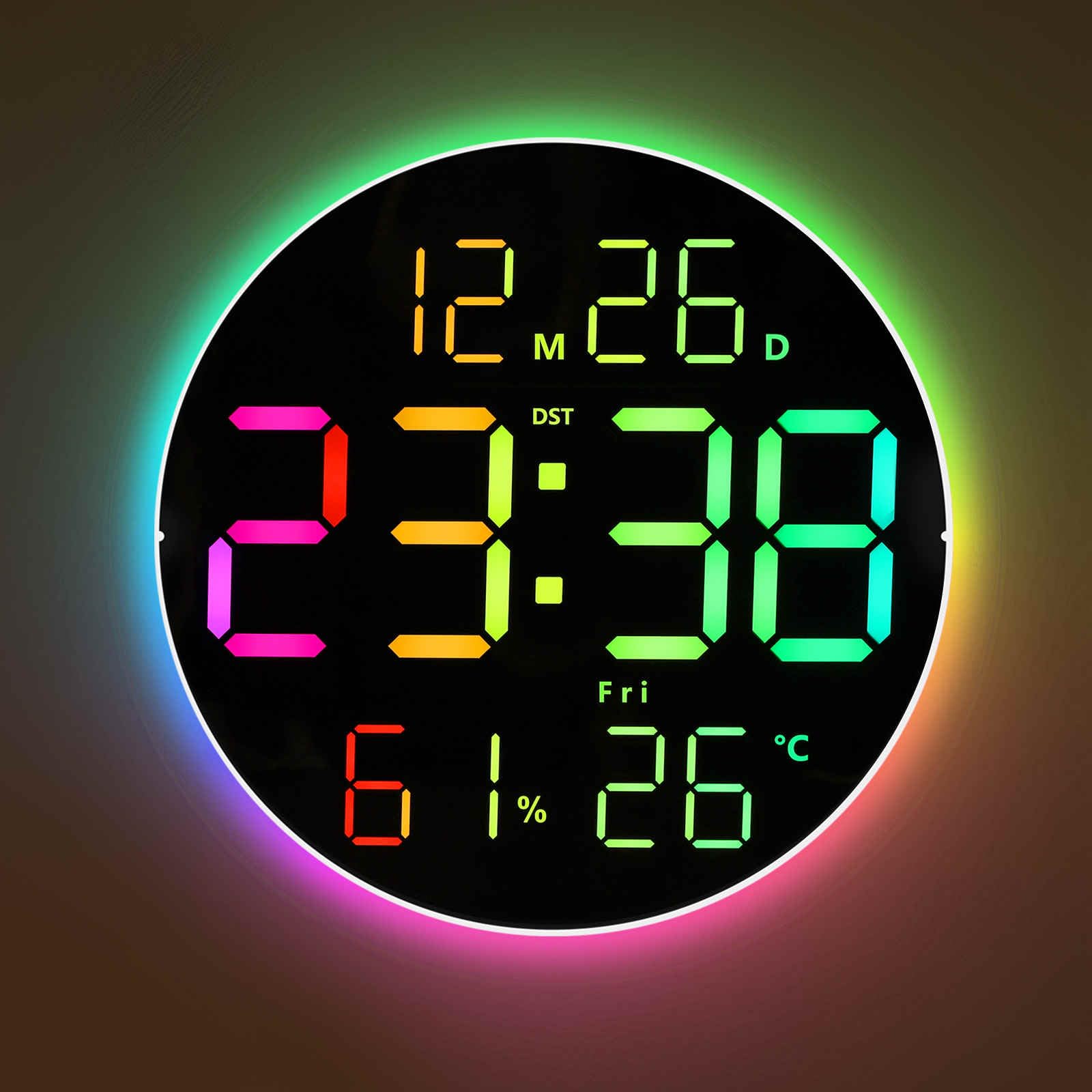 Photo 1 of GLOKUUCA 10 Inch Large Digital Wall Clock with 13 Color Changing Remote Control, Date Week Temperature, Auto Brightness Dimmer Big Clock with Night Lights,RGB