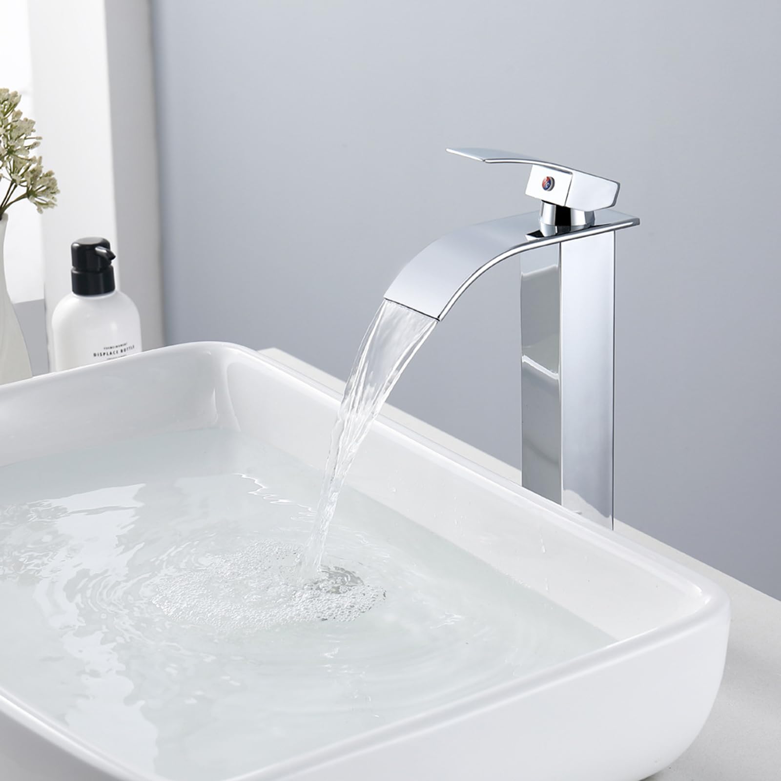 HCFYAUIS Waterfall Countertop Washbasin Mixer Tap Single Hole Tall Taps for Bathroom Basin Hot and Cold Stainless Steel Single Lever Taps,Chrome