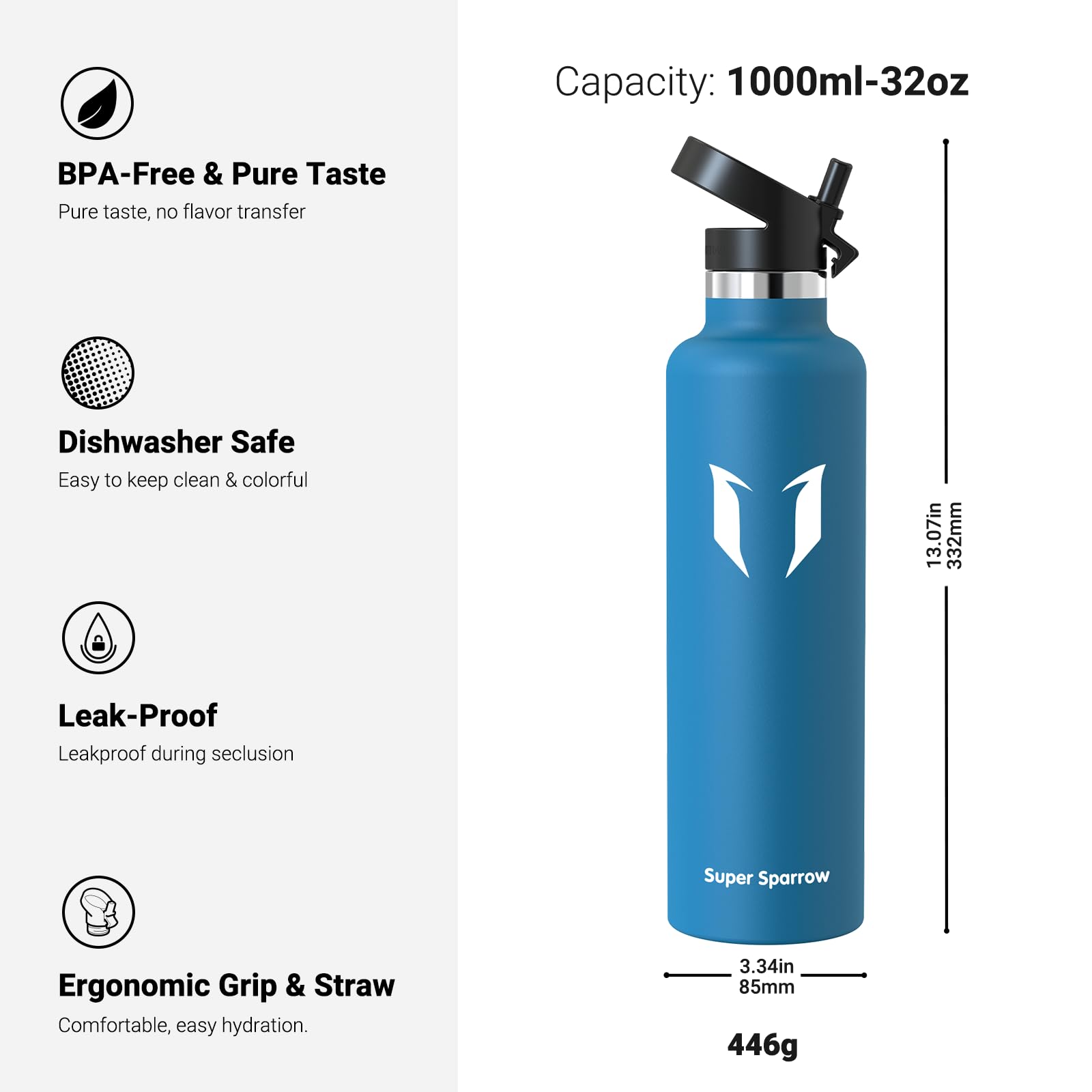 Super Sparrow Borraccia Termica, Acciaio Inox Bottiglia Termica - 350ml, 500ml, 750ml, 1L - Senza BPA Borracce, Borraccia Bambini per Scuola, Sport, Campeggio, Yoga, Palestra, Ciclismo