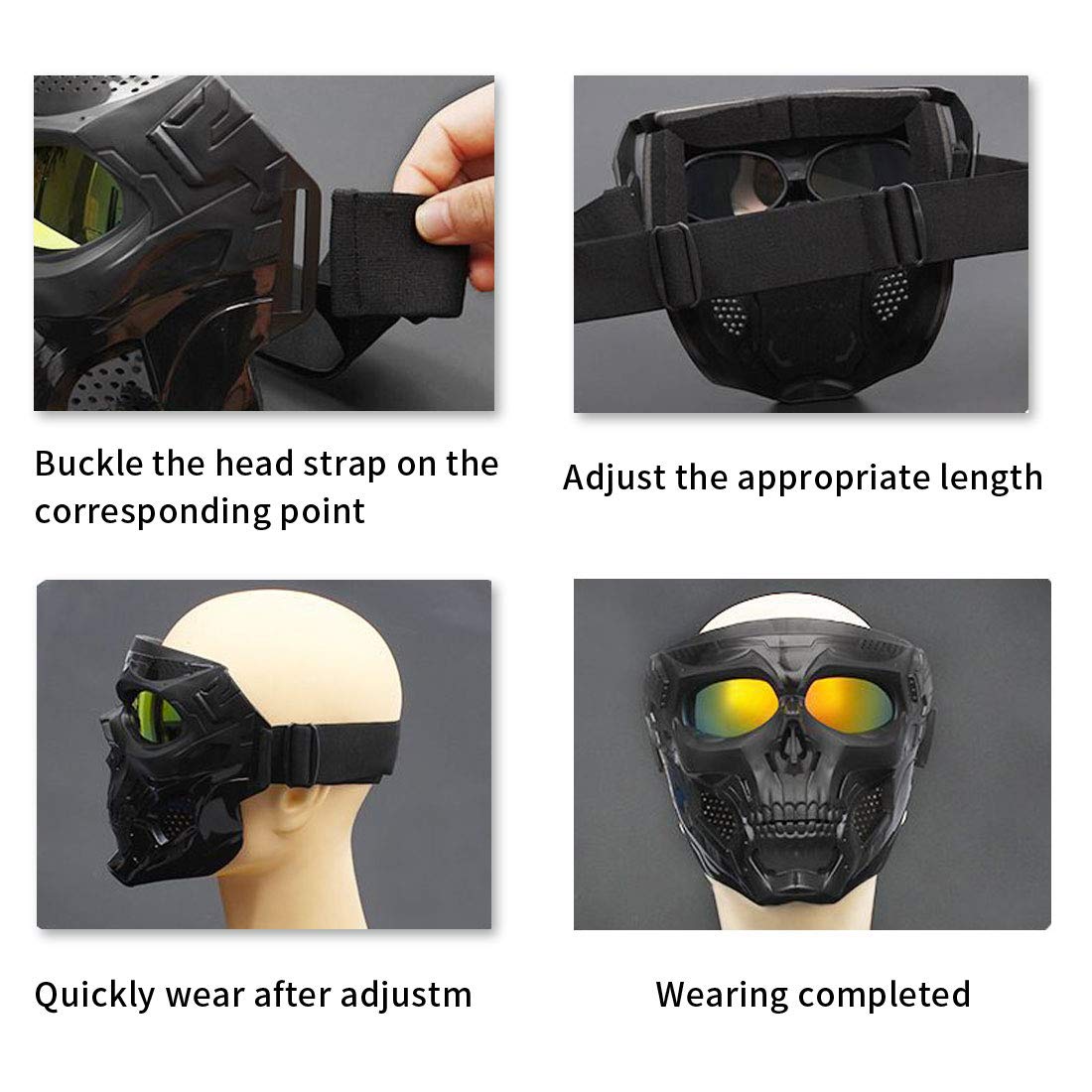 Maschera messenger con teschio di Halloween, maschera da moto con maschera rimovibile, maschera per il viso da motocross con occhiali staccabili e filtro bocca per caschi vintage