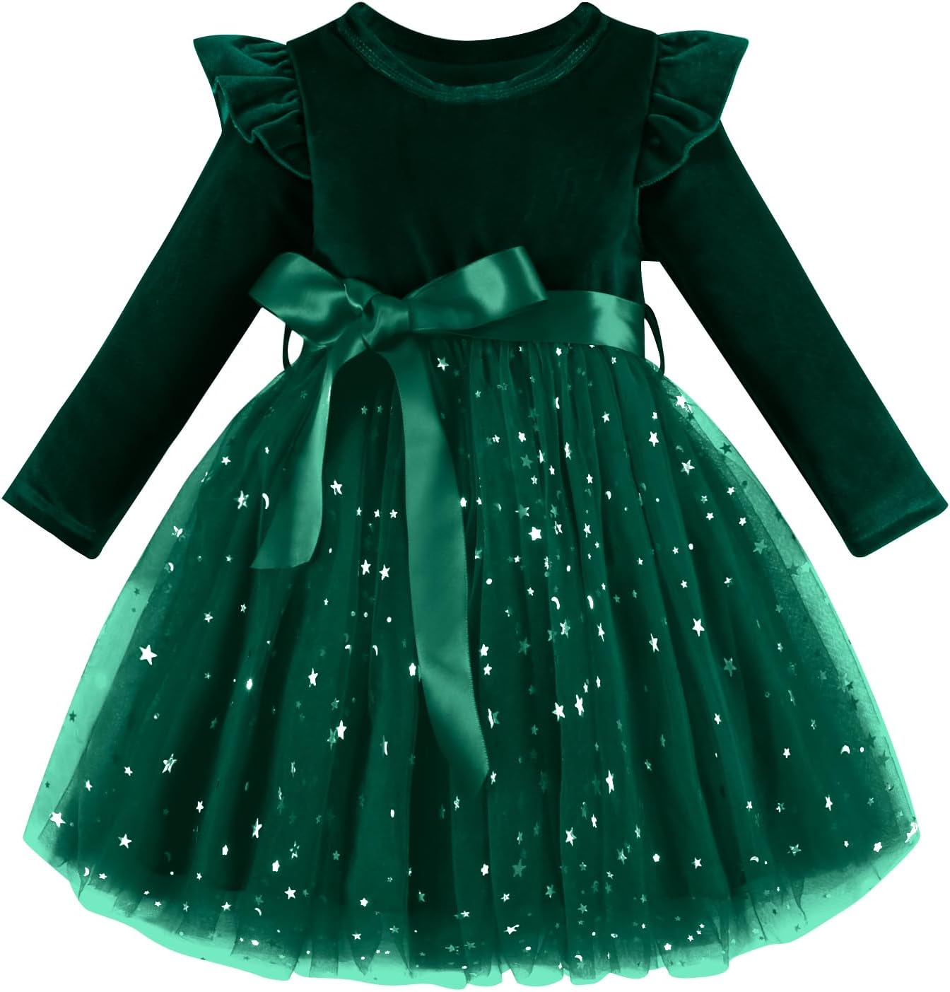 Toddler Baby Girl Velvet Christmas Dress for Girls Long Sleeve Velvet Sequin Tutu Winter Party Holiday Dress Green 5-6 Years
