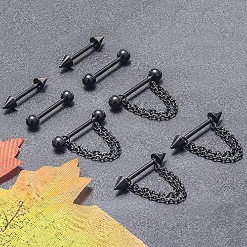 Dyknasz 316L Surgical Steel Chain Dangle Nipple Shield Rings Nipplering Barbell Piercing Jewelry For Women Men 14G 4 Pairs Externally Threaded Ball Spike Black #TOP5