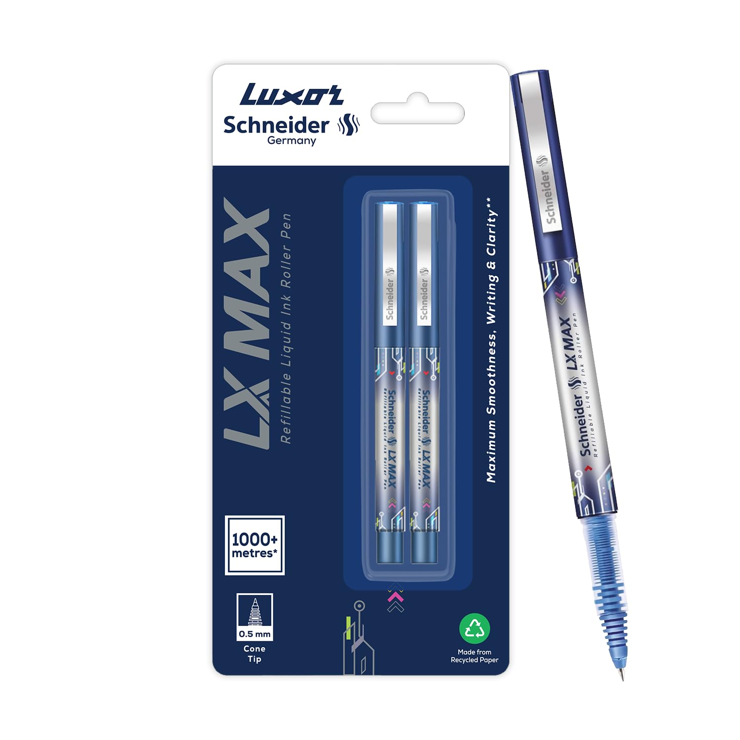 Luxor Schneider LX MAX roller ball pen, Pack of 2 - Blue, Cone Tip, 0.5mm, 100% German Technology, 1000+ mtrs writing length, Waterproof Ink, Ideal for Students & Professionals