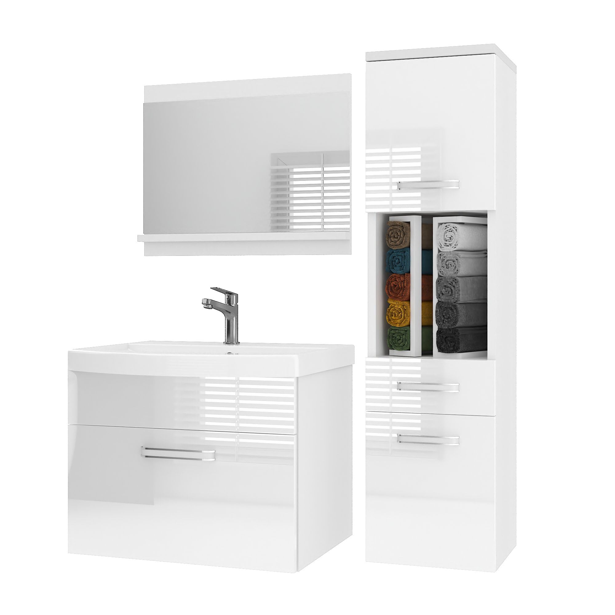 Belini PRIP3 szafka pod umywalkę, 90 cm, biała, wysoki połysk | Meble łazienkowe, błyszczące białe, montaż ścienny, mechanizm soft-close, panel drewniany FSC, umywalka i lustro w zestawie