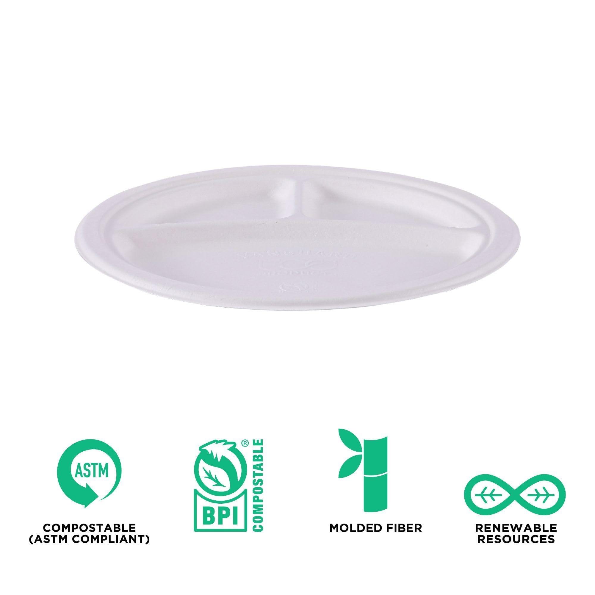 ECO PRODUCTS Platos de papel compostables Vanguard de 9 pulgadas, caja de 500, fibra moldeada blanca desechable de 3 compartimentos, redondos, sin árboles, sin PFAS, cumple con ASTM, certificado BPI