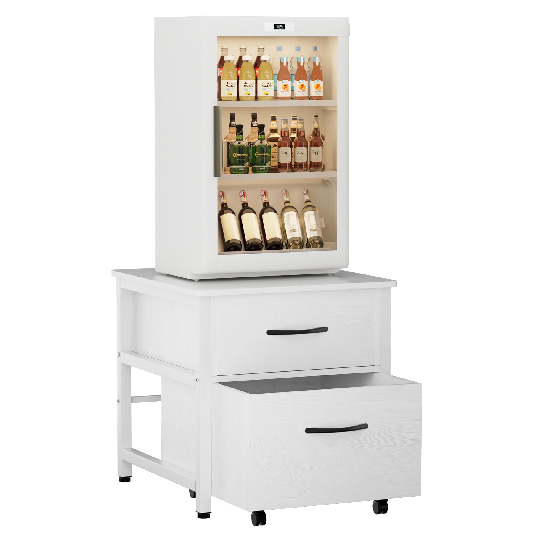 COOLBEBE Mini Fridge Stand with Storage, Heavy Duty Mini Fridge Cabinet with Rolling Cabinet, Solid Wood Beverage Refrigerator Stand Table for Dorm,