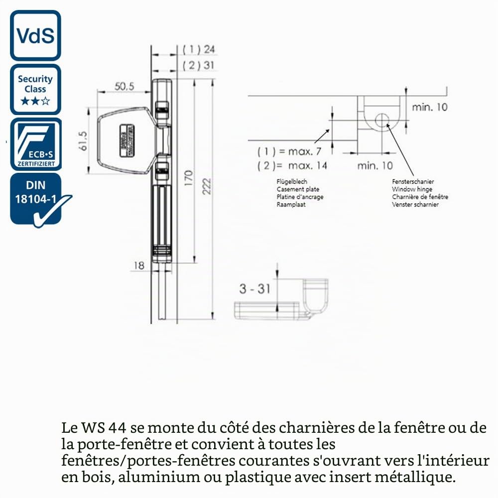 BURG-WÄCHTER Verrou de fenêtre, Protection anti-effraction pour fenêtres et portes de balcon, Intérieur, Côté charnières, WinSafe WS 44, Blanc