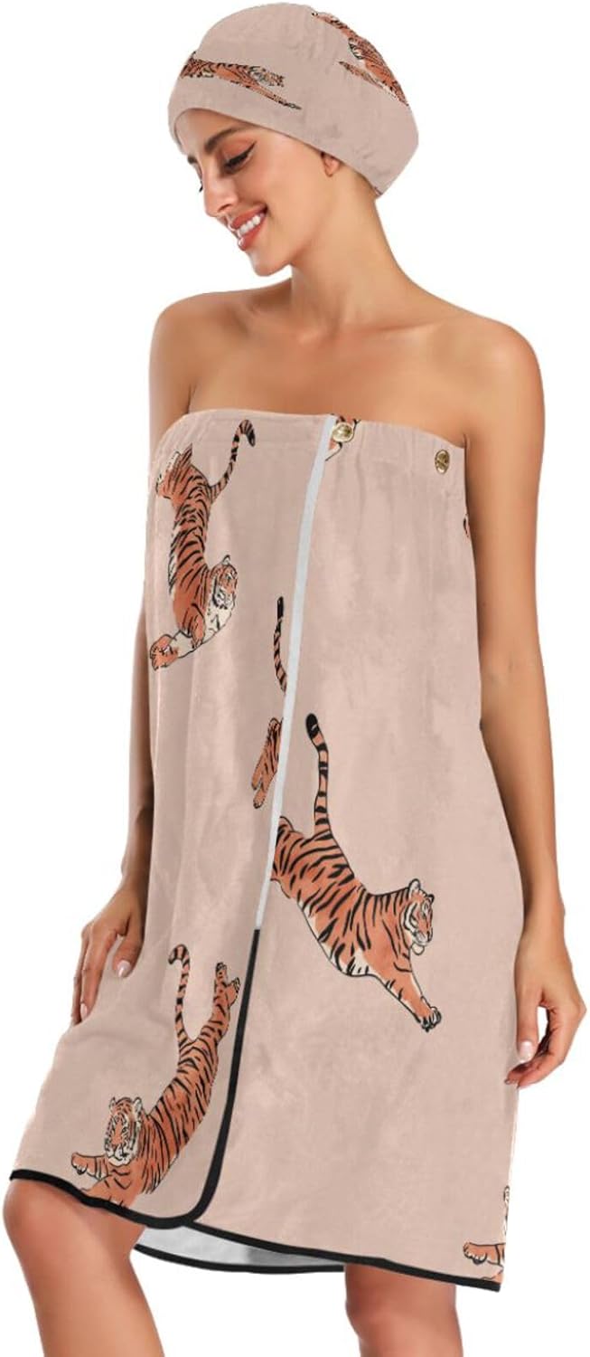 Women's Spa Towel Wrap Set of 3, Cute Tiger Bathrobe Shower Bath Body Wrap with Adjustable Closure#783