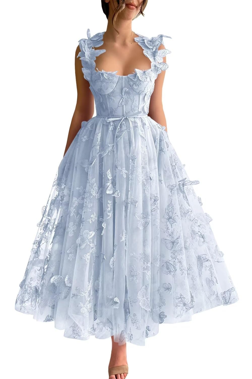 SoDigne Women's 3D Butterfly Tulle Prom Dresses Lace Applique Formal Party Evening Gowns Tea Length