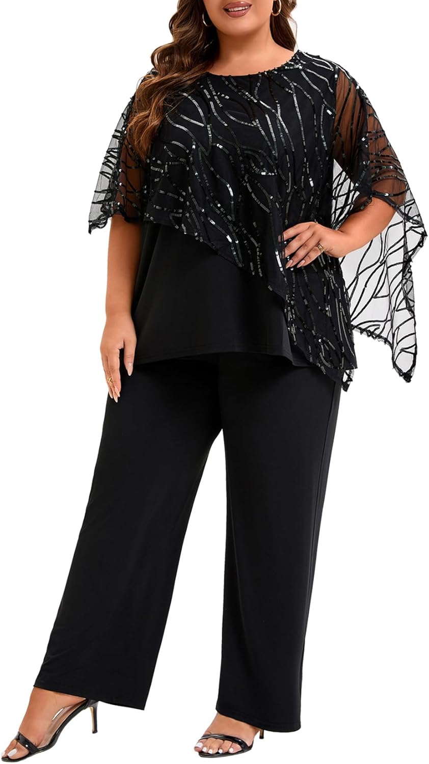 Plus Size Mother of The Bride Pant Suits 2 Piece Set Elegant Embroidered Sequins High Low Hem Wedding Guest Outfit for Women