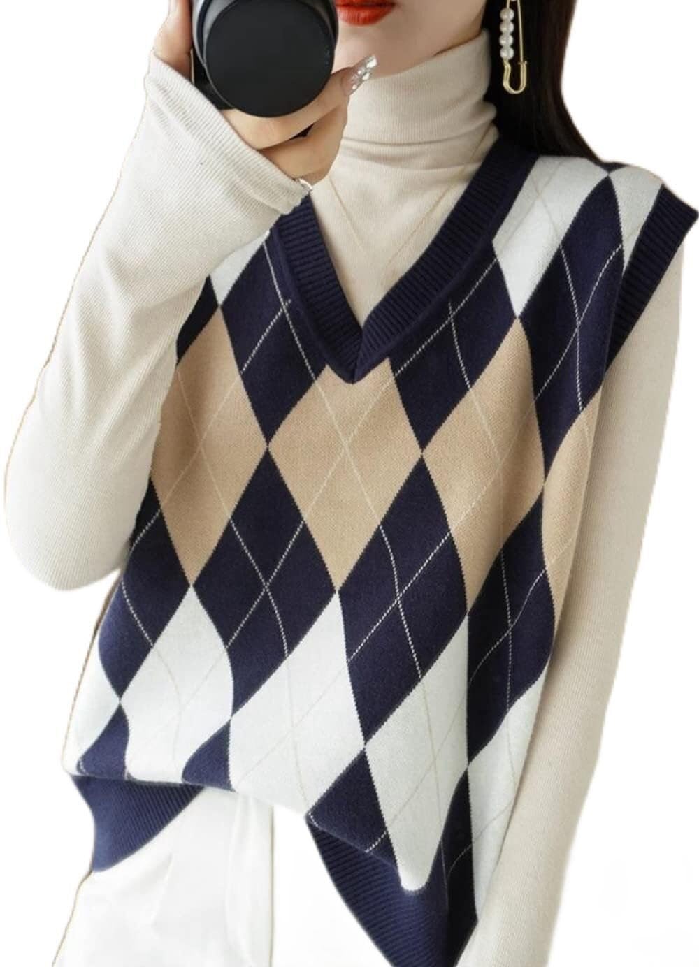 Barley Direct Womens Sleeveless Jumpers,Ladies Wool Blend Argyle Print Sleeveless Jumper/Loose Sweater Vests/Springv Neck Tank Tops(XL)