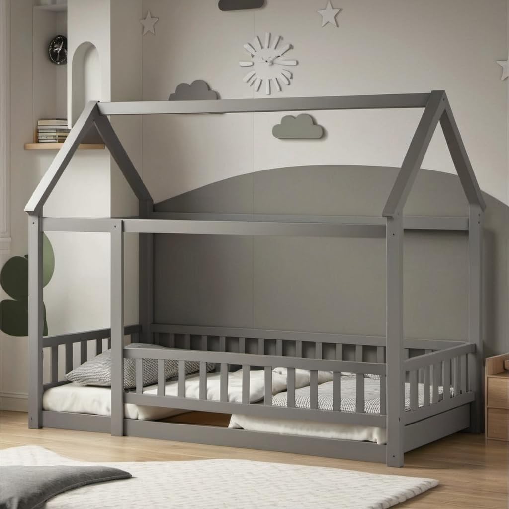 UOCFYK Twin Size Floor Bed, Wood Montessori House Bed Frame with Fence, House Floor Bed for Kids, Boys and Girls, Decoratable Playhouse for Kids, Grey