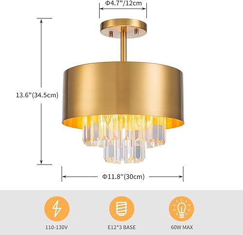 Miniatura 2 de Lámpara de techo de cristal K9 de lujo de 3 luces para sala de estar, vestíbulo, dormitorio, lámpara semiempotrada cerca del techo, pantalla de