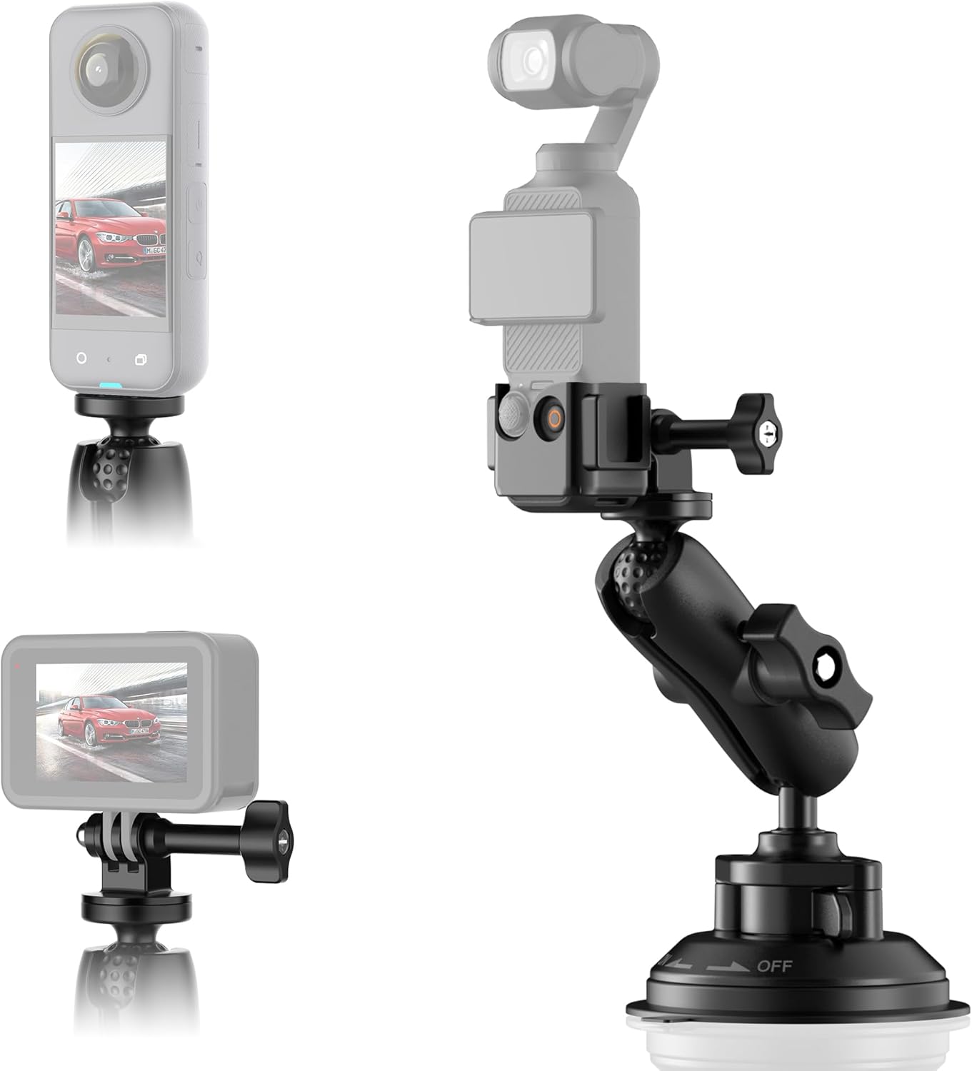 Suction Cup Mount for DJI Osmo Pocket 3, Heavy-Duty Car Windshield Window Dashboard Holder for Insta360 X5 X4 X3 with Expansion Adapter for GoPro 13/12/11/10/9/8/7