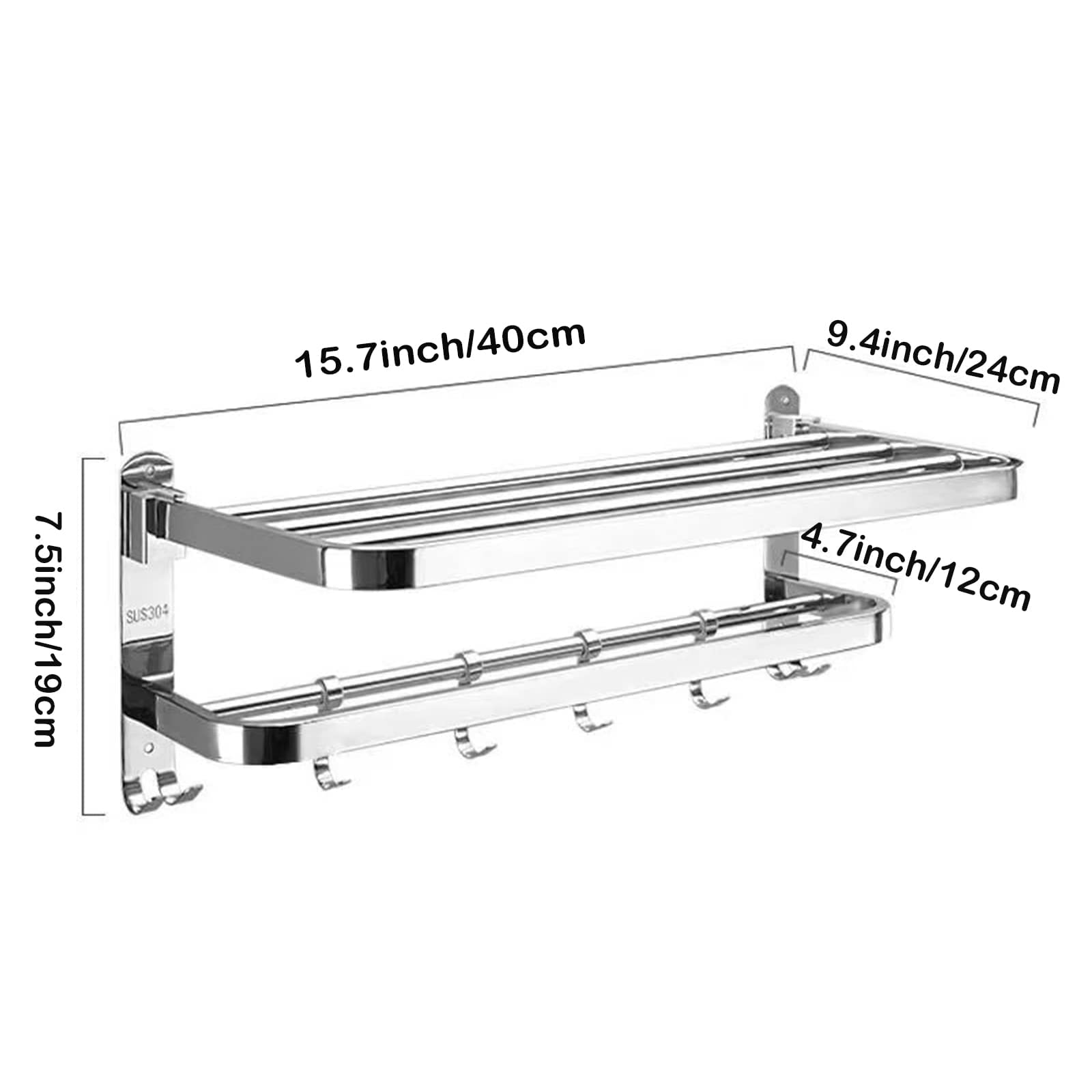Portasciugamani da parete in acciaio inox, 40 cm, da bagno, stile hotel, design resistente ed elegante, perfetto per uso domestico o in hotel