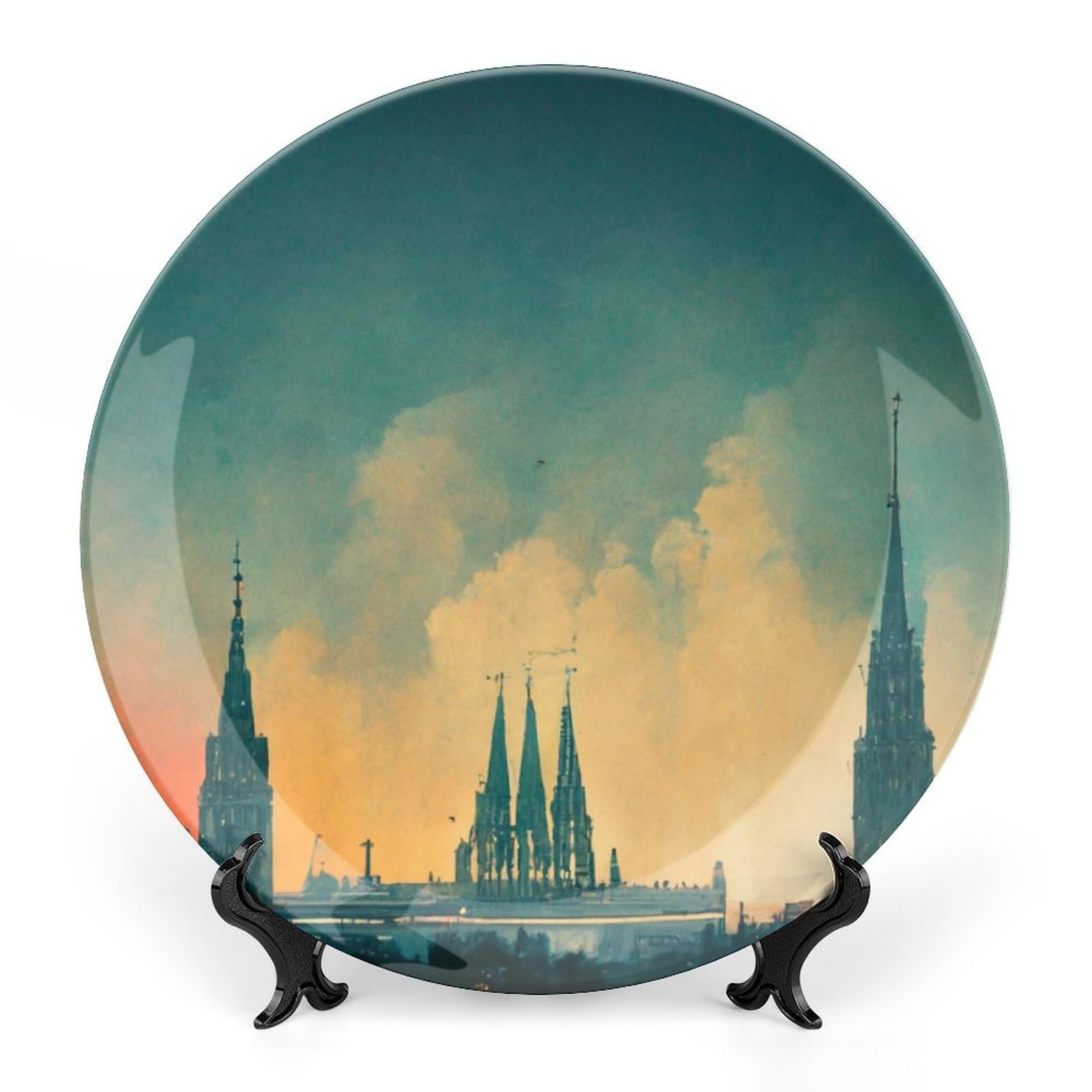 Decorative Plates, German Cityscape Oil Painting Ceramic Dinner Plate Home Wobble-Plate with Display Stand, Wall Hanging Decor for Living Dining Room Kitchen Household 15 CM