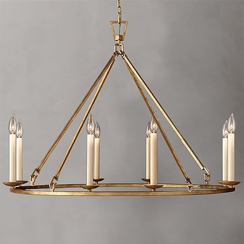 LOVEDIMA Gold Wagon Wheel Chandelier Rustic 35.4'' Candle-Shaped Metal Chandeliers Antique Brass Round Ceiling Hanging Light Fixture (8-Light)