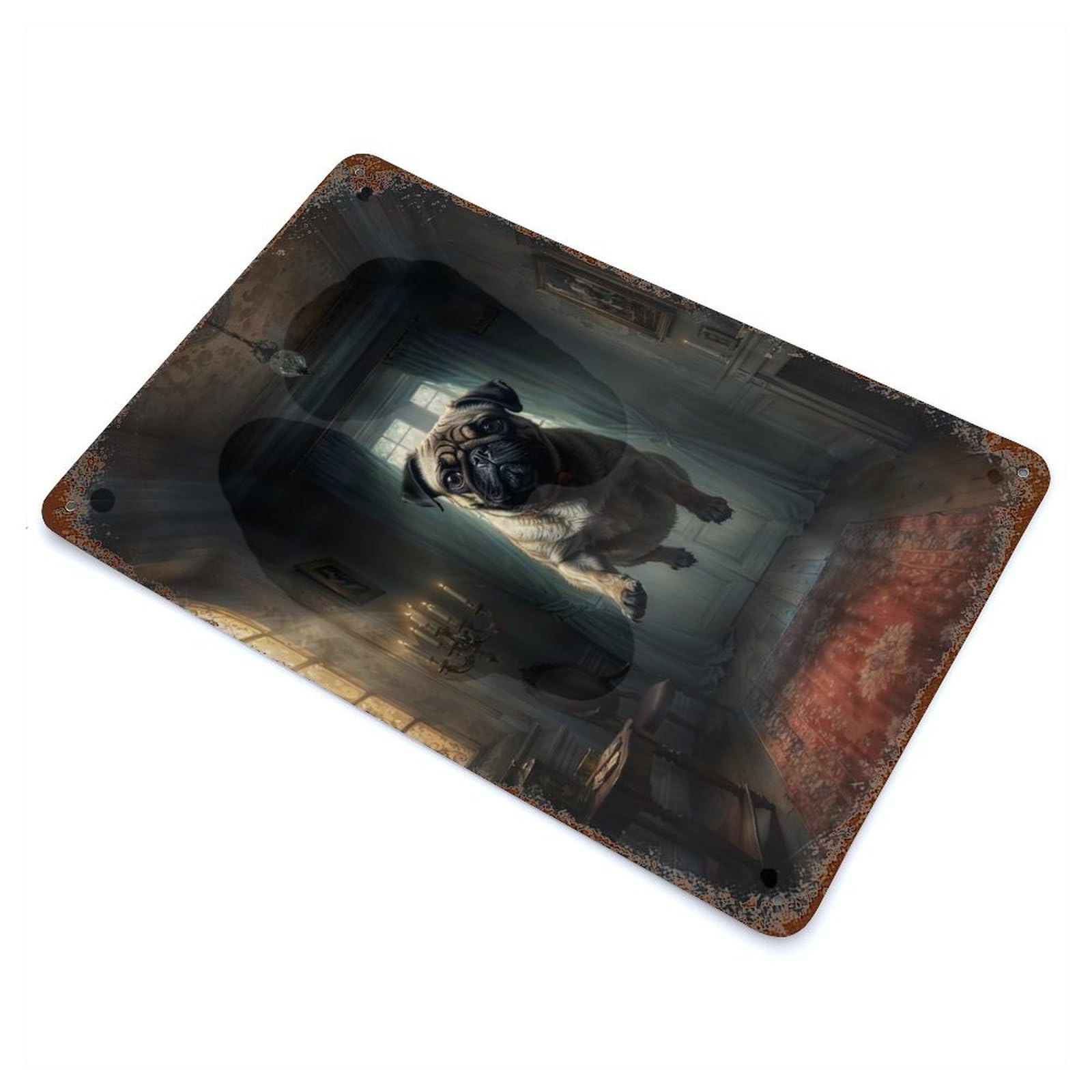 Pug in Haunted Mansion 11.8"x7.9" Rusty Metal Tin Sign, Shabby Chic Decor for Bistro, Counter And Cafe Decor