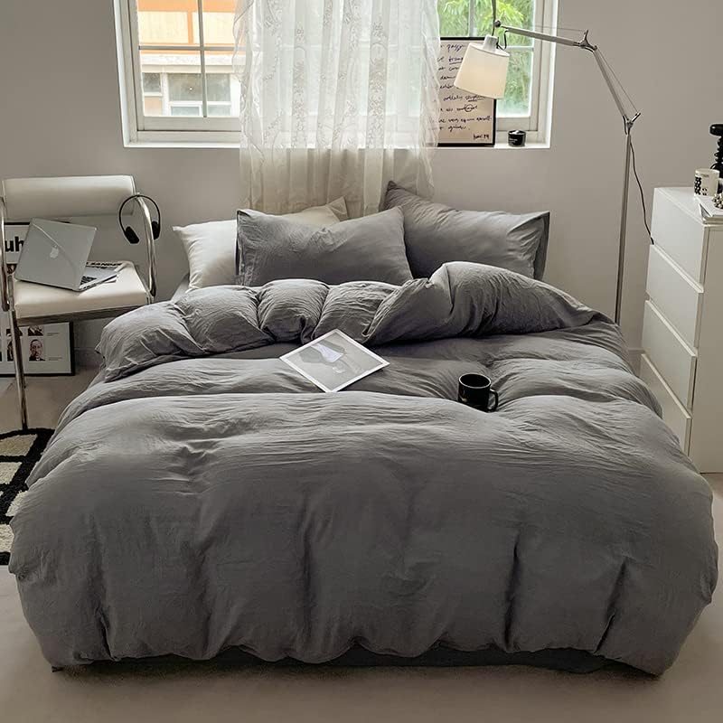 Luxury Wrinkled Texture Duvet Cover Set 3 Pieces Washable Cotton Comforter Cover Flat Sheet Pillow Sham Set, Single, Light Grey
