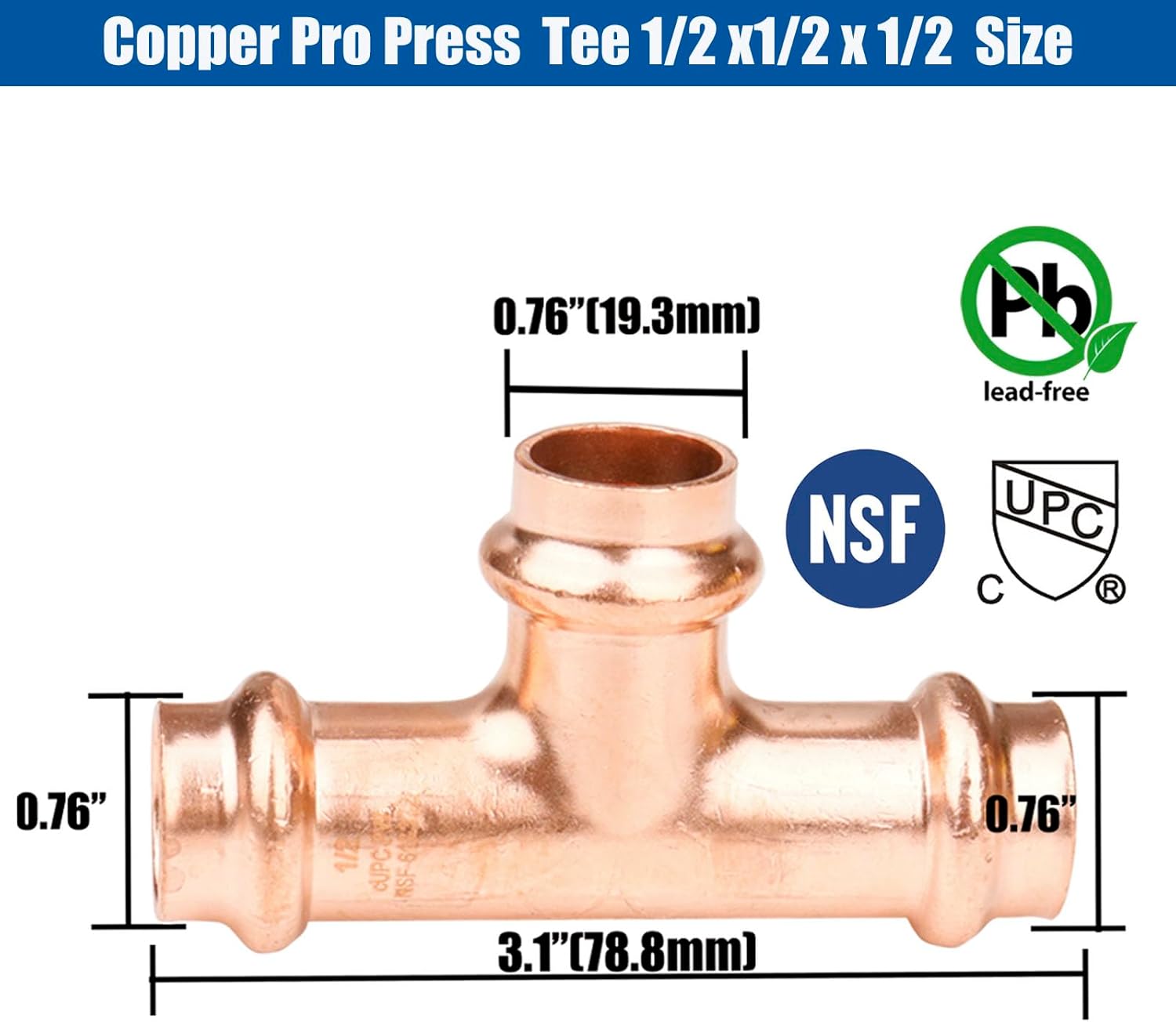 WHK 8 Packs Pro press Fittings Tee 1/2x1/2x1/2 inch Copper Pro Press Tee Pressure Fittings for Copper Press Connection