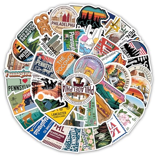 Pennsylvania State Travel Stickers, 50 Pieces, Vinyl, Waterproof Decal for Laptop, Water Bottle, Car, Scrapbook, Vacation Gifts