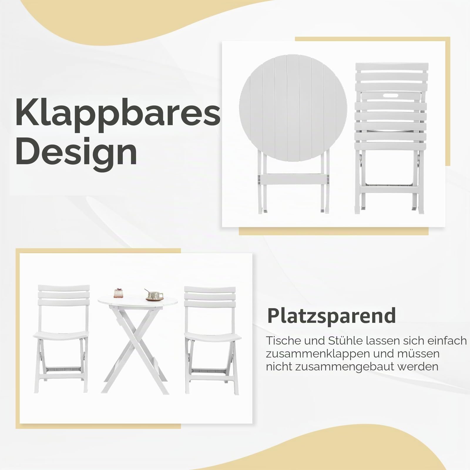 KAIHAOWIN Bistroset 3-teilig, Bistrotisch Mit 2 Stühlen Klappbare Balkontisch Set 2 Personen, Kleiner Gartentisch Kunststoff Mit 2 Stühlen, Balkonmöbel für Garten, Balkon, Weiß