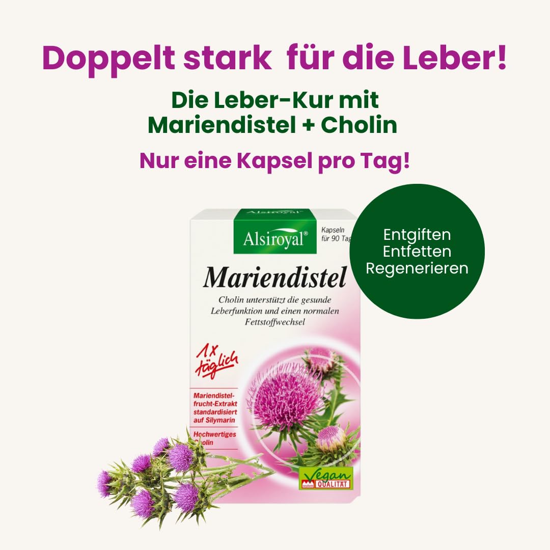 Alsiroyal Mariendistel Kapseln plus Cholin · Leberkomplex · hochdosiert | Mariendistel standardisiert auf 80% Silymarin · Cholin für Leberfunktion & Fettstoffwechsel · nur 1 Kapsel täglich · vegan