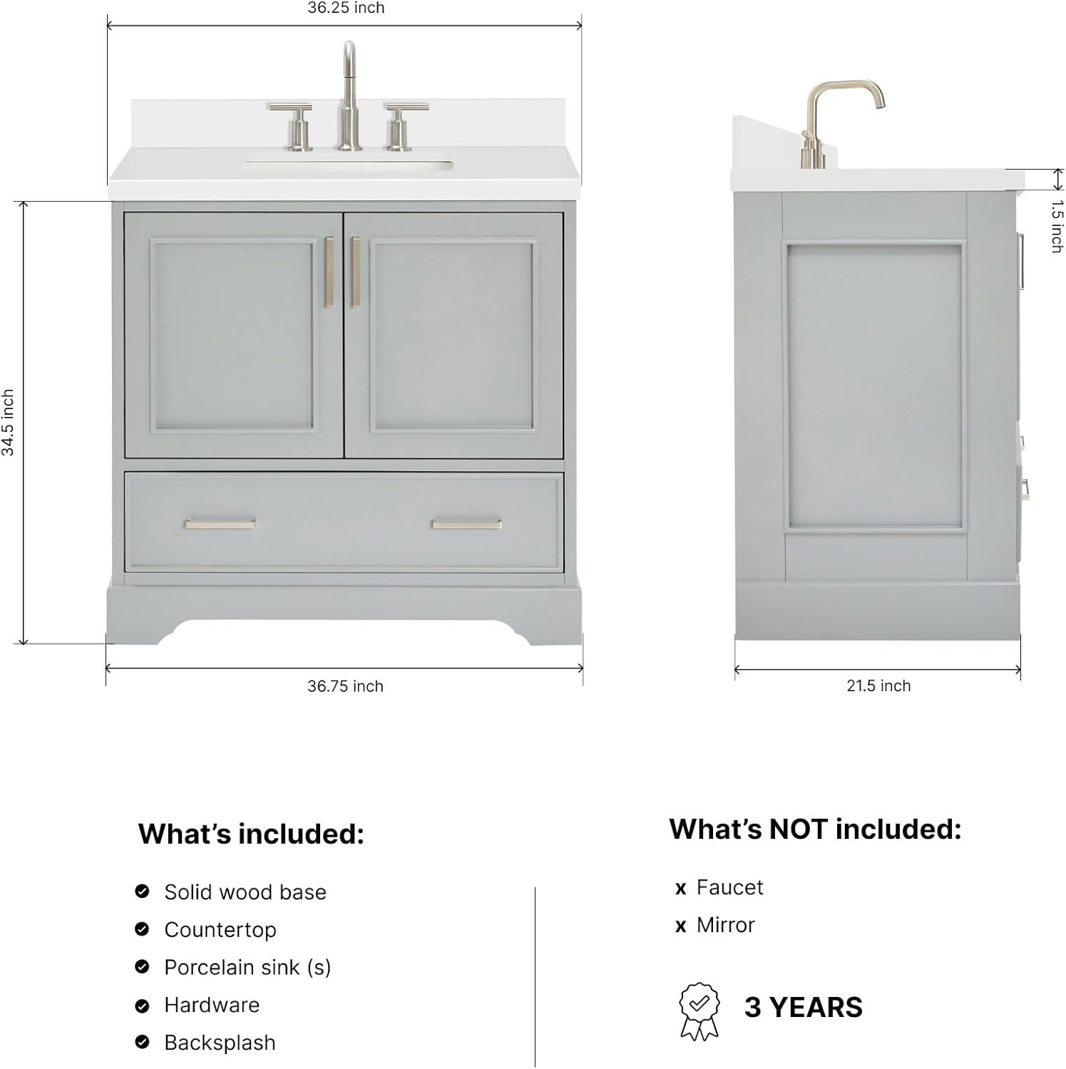 ARIEL Stafford 36-inch Bathroom Vanity with Sink,Solid Wood, 1.5-inch Pure White Quartz Countertop & Backsplash, Single Oval Porcelain Sink, 2 Soft Closing Doors, 1 Dovetail Drawers, Grey