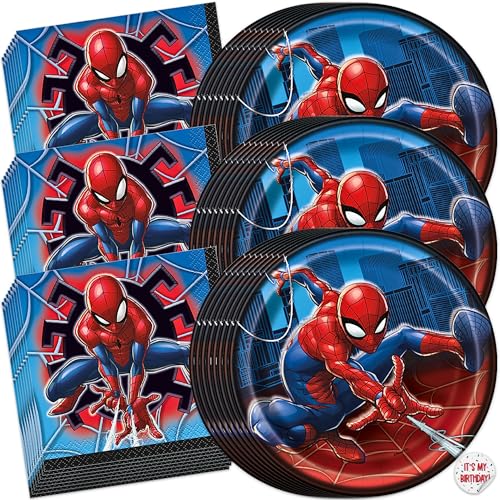 Spiderman Birthday Decorations | 32 Dessert Plates and 32 Napkins | Spiderman Party Decorations | Officially Licensed