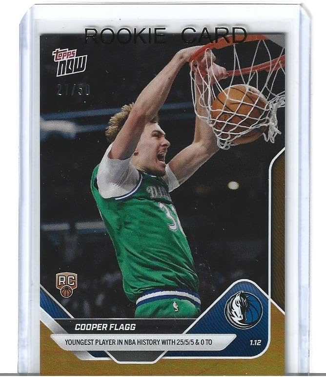 2025 Cooper Flagg Gold Foil Serial Numbered 27/50 Basketball Rookie Trading Card #124 Phenom Becomes Youngest Player History With 25/5/5 line and zero TO Mavericks Superstar Only 50 Produced