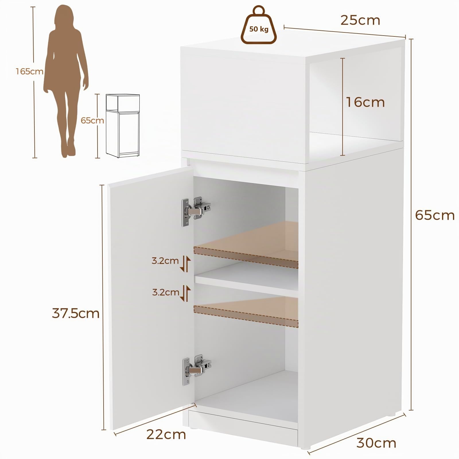 BEWISHOME Mesita de Noche Estrecha Juego de 2 con Compartimento y 1 Puerta | Mesa Auxiliar con Estante 3 Niveles Altura Ajustable,65 x 25 x 30 cm,Dormitorio y Salón,Blanco,EFCG13W