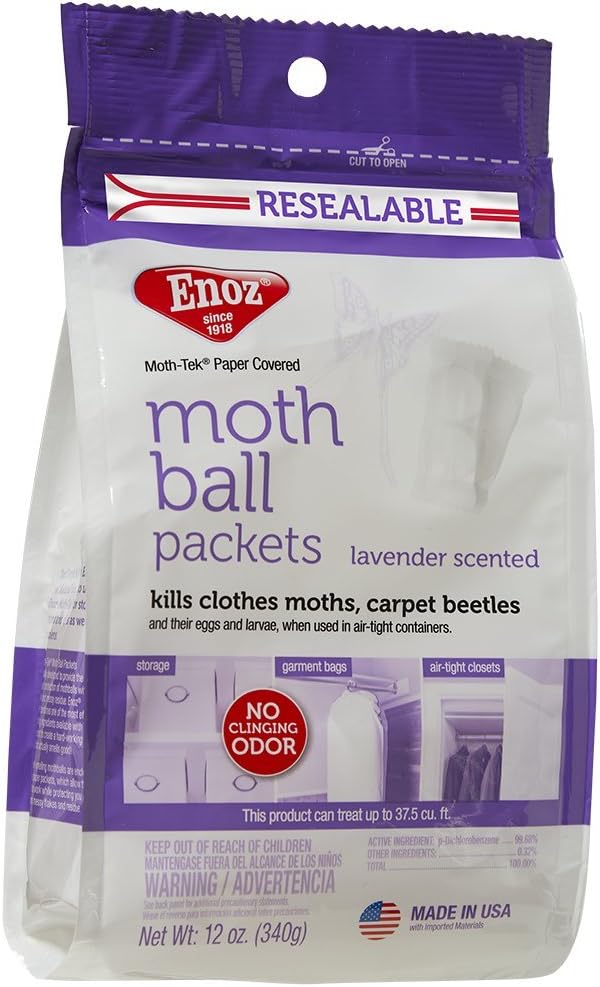 EnozLavender Scented Moth Ball Packets, Kills Clothes Moths, Carpet Beetles, Eggs and Larvae, 12 oz Resealable Bag (Pack of 3)