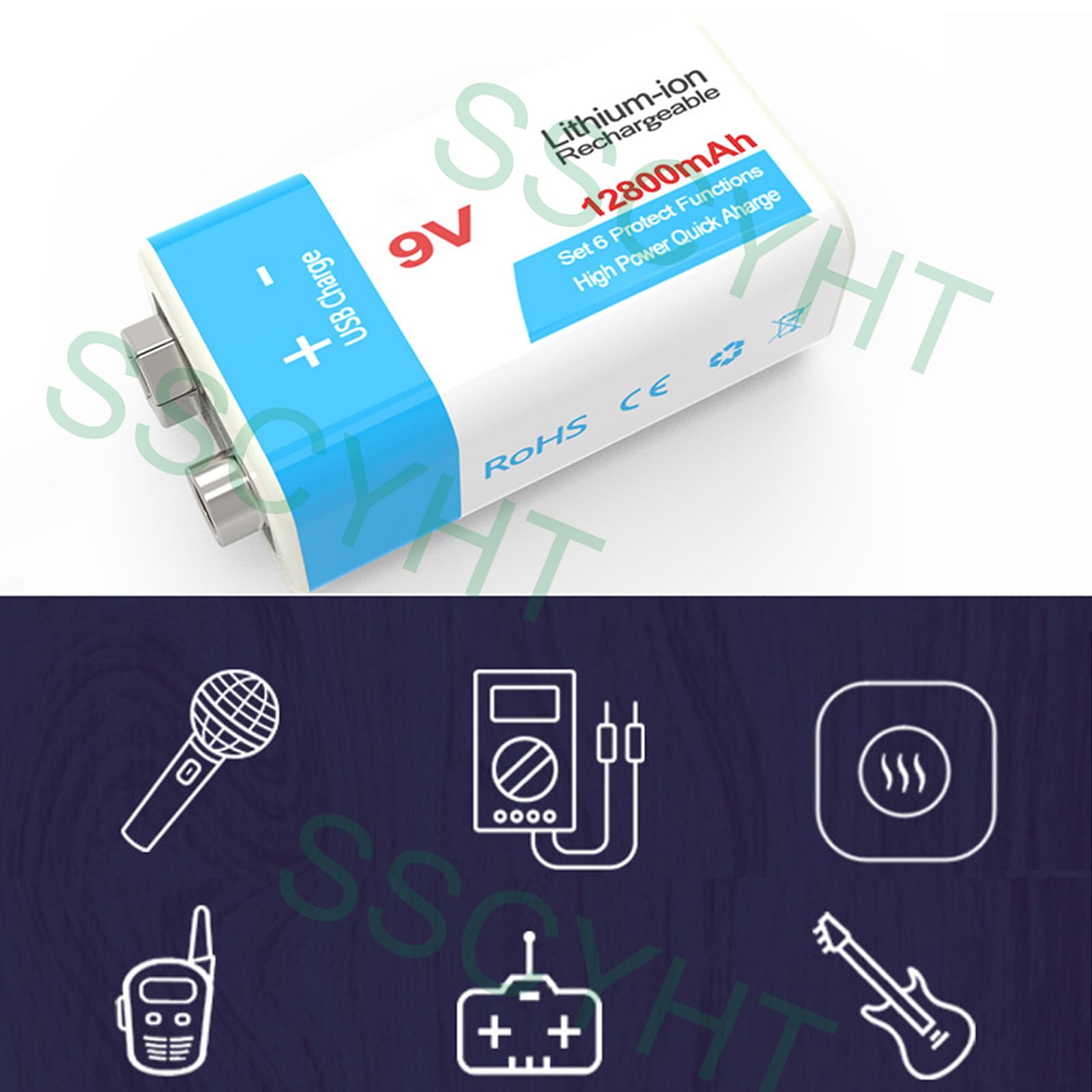 Batteria Ricaricabile 9V Batteria agli ioni Litio 9 Volt 12800mAh per allarmi/microfoni/rilevatori Fumo/Giocattoli/torce elettriche Altri dispositivi Batteria Backup