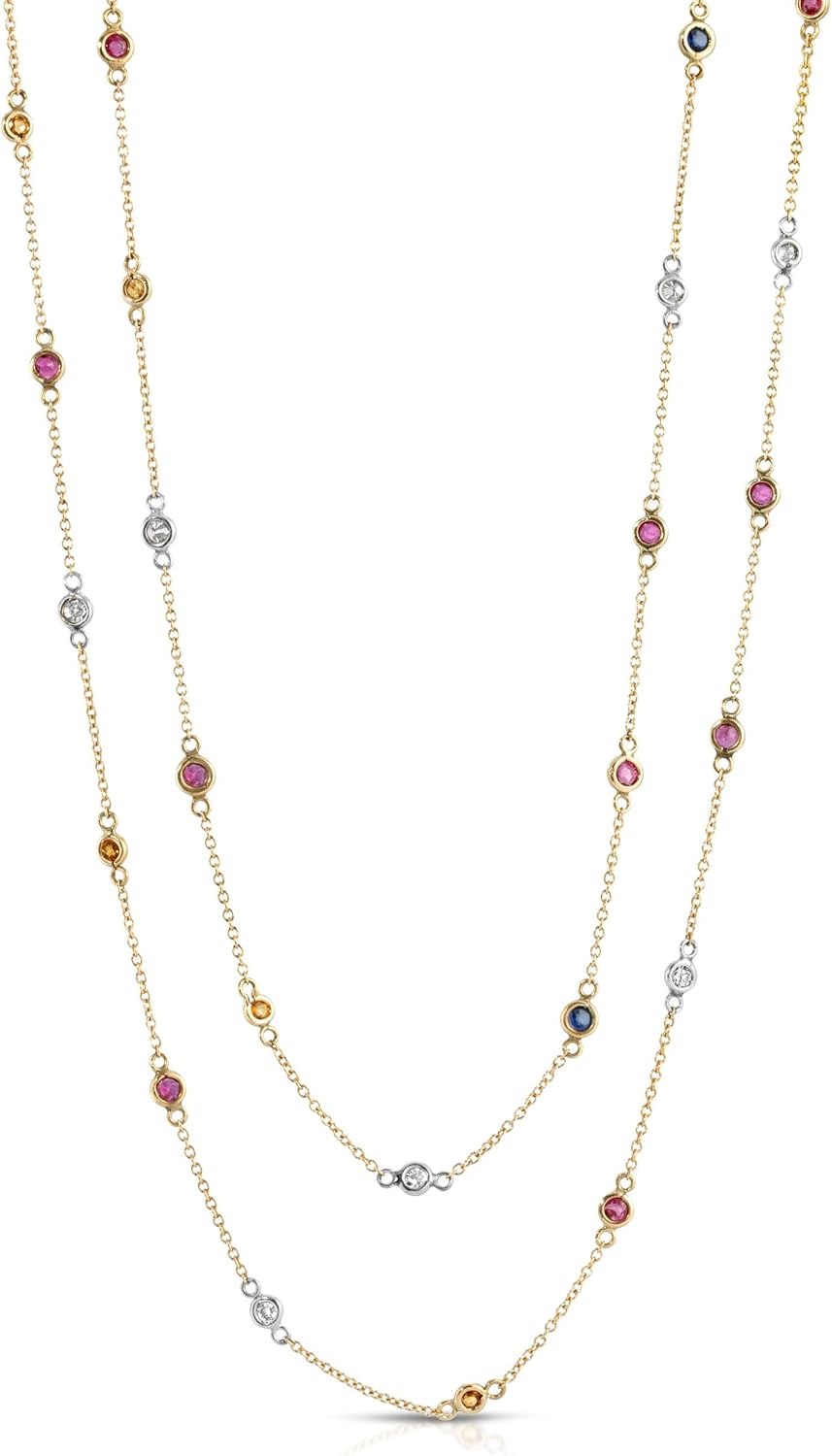 Diamond and Multi Color Gemstone Chain Necklace 32" Long 18K YG