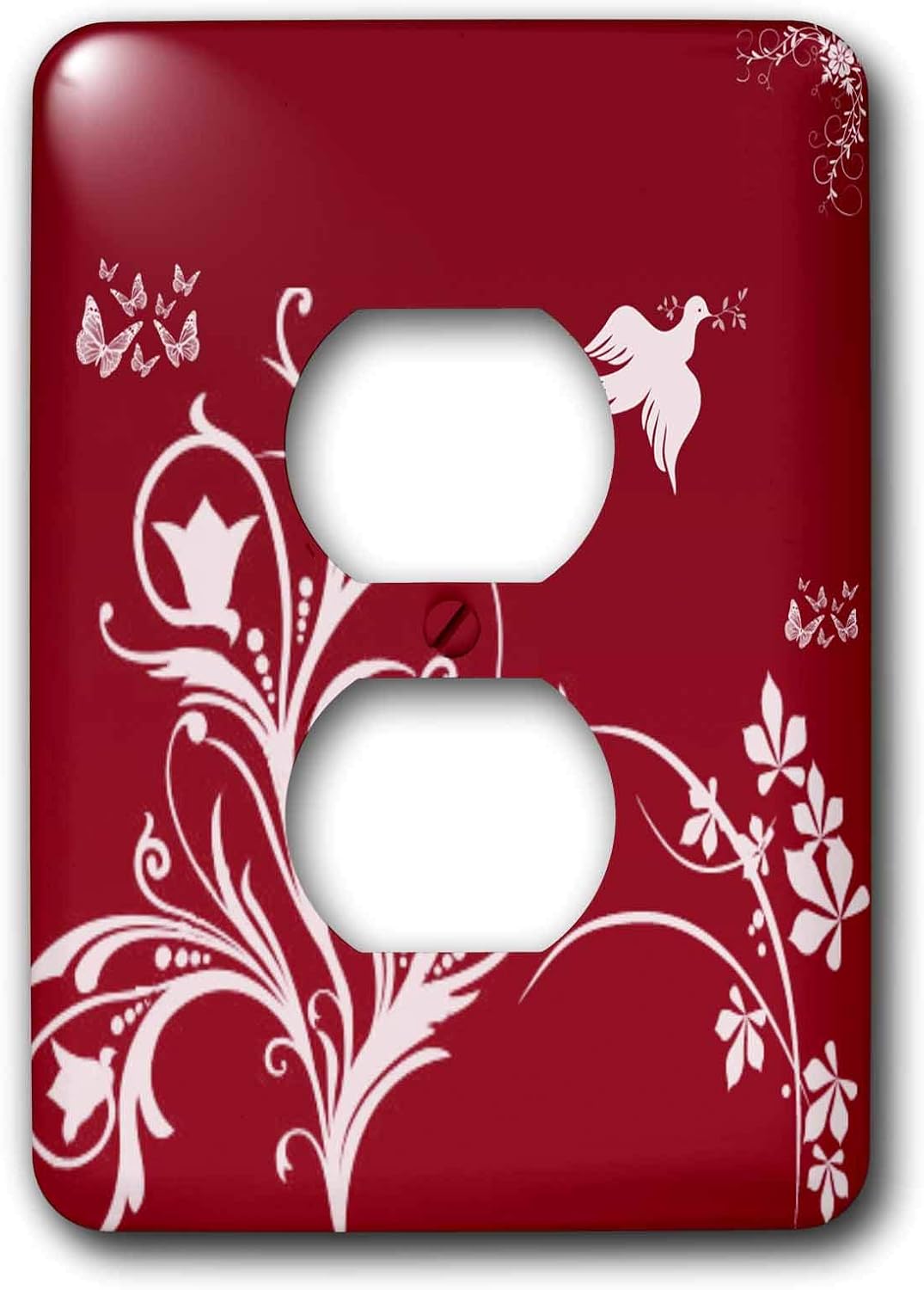 3dRose lsp_36117_6 Floral Pattern In White On A Red Background with Dove And Butterflies. - 2 Plug Outlet Cover