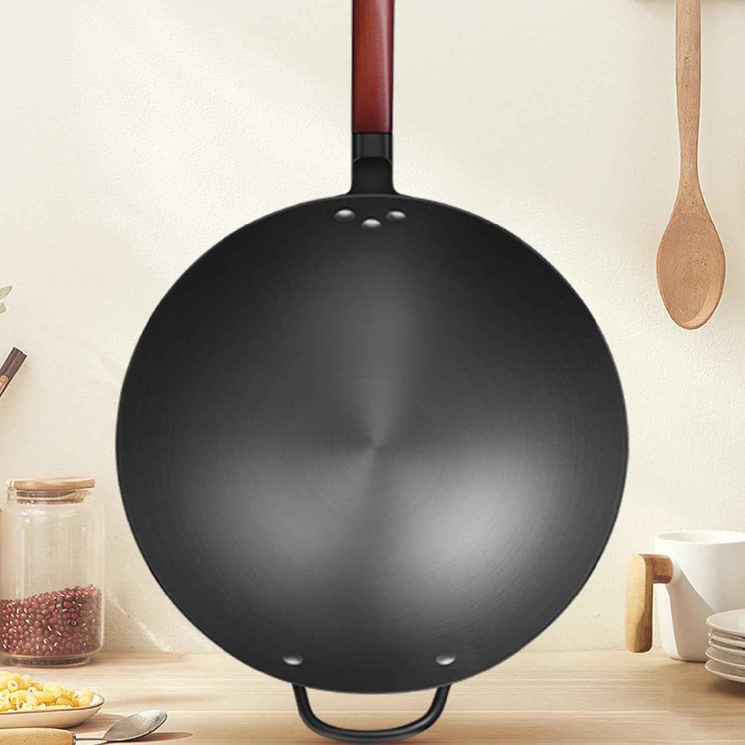 Carbon Steel Wok 32cm, Flat Bottom Wok Pan, Round Bottom Wok, No Chemical Coated Chinese Wok, for Gas Stove Or Cassette Furnace